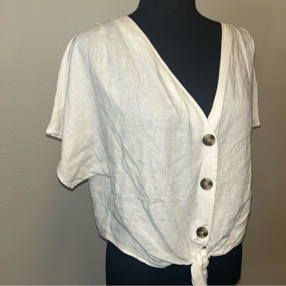 Abercrombie & Fitch Cream Button-Down Shirt Linen Blend Crop - Picture 2 of 8